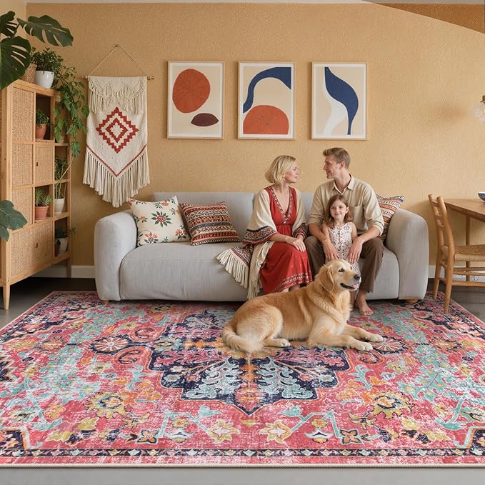 Lahome 8x10 Area Rugs for Living Room, Washable Rugs for Bedroom Aesthetic Large Dining Room Rugs for Under Table, Bohemian Printed Low Pile Nursery Carpet for Playroom Home Office, Fuchsia/Multi