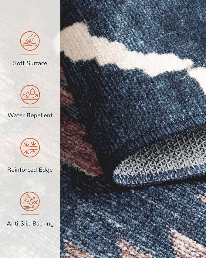 Area Rug 5x7 Rug Machine Washable Non-Slip Low Pile Print Pattern Western Rug for Living Room Bedroom Entryway Tribal Series -Darkblue