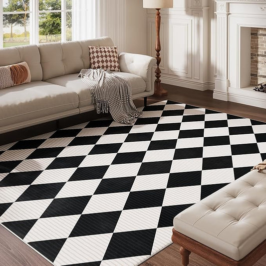 6x9 Washable Checkered Rugs for Bedroom, Black and White Area Rug for Living Room, Geometric Faux Wool Carpet for Kids, Girls, Boys Playroom, Dorm, Nursery, Dining Room, Kitchen, Non Slip