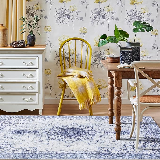 Area Rug 5x7 - Vintage Floral Honeycomb Non Slip Backing Carpet - Blue Softer Thicker Faux Wool Rug - Foldable & Machine Washable Rugs for Living Room Bedroom Dining Room Home Office