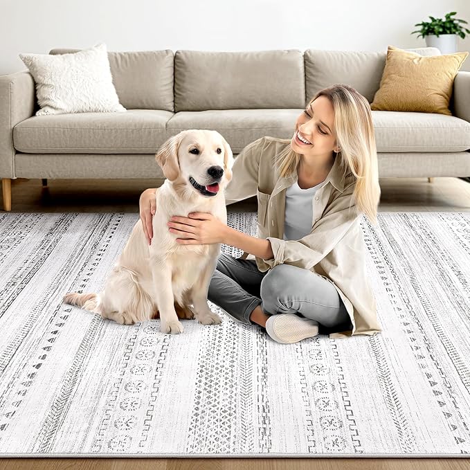 Area Rug Living Room Rugs - 7X9 Washable Boho Farmhouse Bohemian Neutral Large Moroccan Geometric Soft No Slip Indoor Thin Floor Carpet for Bedroom Under Dining Table Home Office - Grey