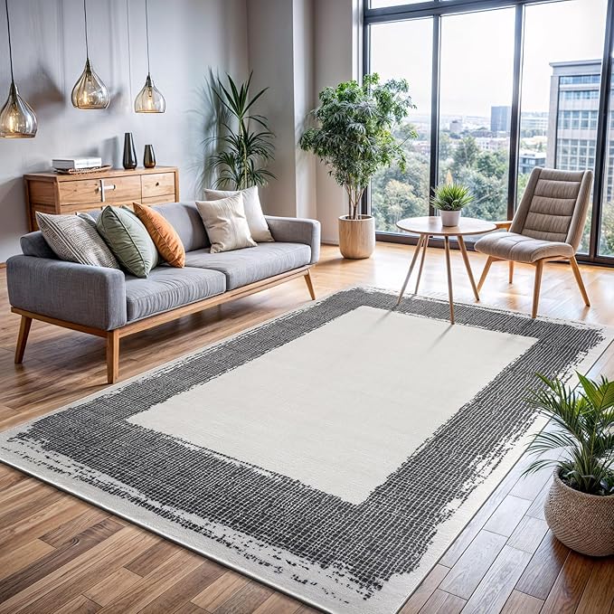 CAMILSON Modern Area Rug 8x10 Cream Rugs Solid Color Bordered Design for Living Room Bedroom Easy-Cleaning Non-Shedding Indoor Carpet Alfombras para Salas Modernas (8 x 10 Cream)