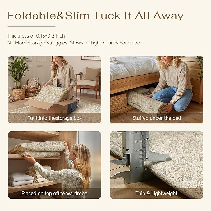 HUGEAR 2x6 Machine Washable Hallway Runner Rugs Vintage Beige - Neutral Non Slip Stain Resistant Low Pile Aesthetic Throw Carpet Kids & Pet Friendly for Bedroom Kitchen
