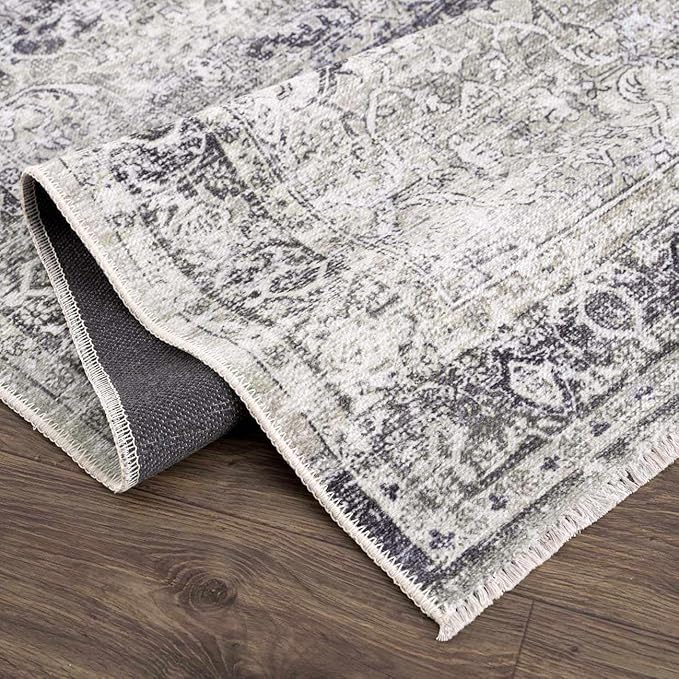 Hauteloom Arista Bohemian Vintage Medallion Area Rug - Farmhouse Oriental Carpet for Living Room, Bedroom - Machine Washable - Gray - 6'7" x 9'