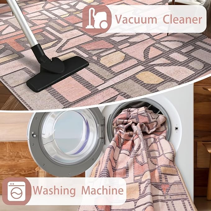 DEXDE Entryway Area Rugs 2x3 Vintage, Non Slip Washable Low Pile Throw Checkered Rug Modern Abstract Door Mat Indoor Soft Small Carpet for Entrance Bedroom Bathroom Laundry, Pink