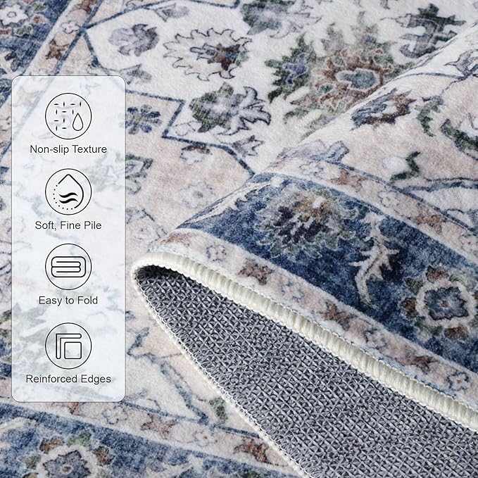 Area Rugs 5x7, Washable Rugs for Living Room, Non-Slip Rug, Boho Medallion Rug, Distressed Carpet, Low Pile Boho Rugs for Bedroom Dining Room