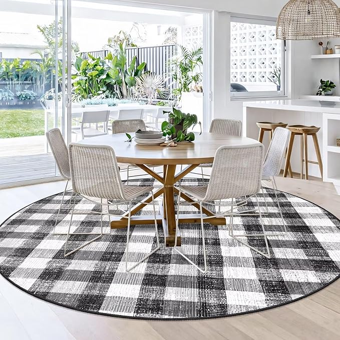 COLORPAPA Checkered Area Rug 6 Ft, Washable Round Rugs for Living Room, Modern Neutral Non Slip Indoor Carpet for Bedroom Office Patio Dining Room (Black and White)