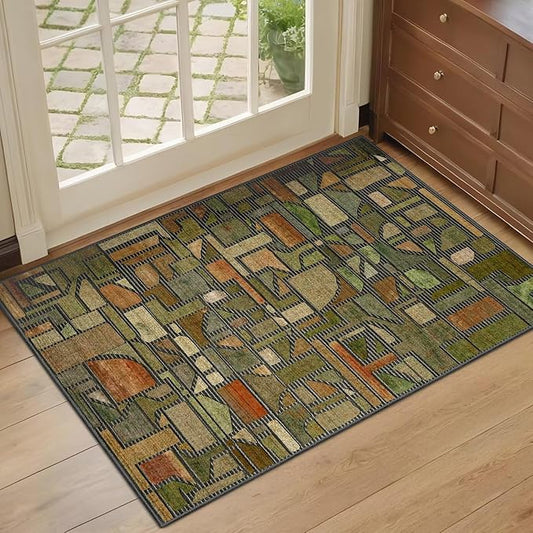 DEXDE Entryway Area Rugs 2x3 Vintage, Non Slip Washable Low Pile Throw Checkered Rug Modern Abstract Door Mat Indoor Soft Small Carpet for Entrance Bedroom Bathroom Laundry, Green