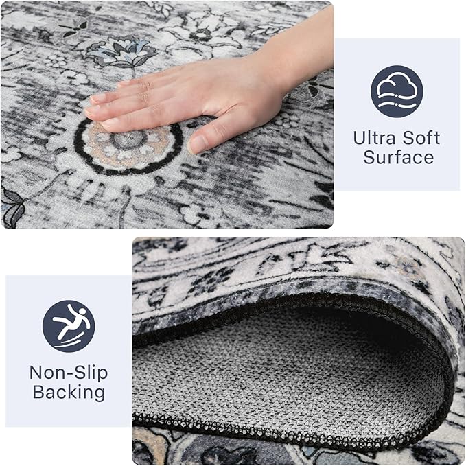 Area Rug 5x7 Washable Rug Grey Boho Rugs for Living Room Bedroom Playroom, Non Slip Low Pile Vintage Rug Floral Print Mat for Dining Room Home Office Christmas Rugs