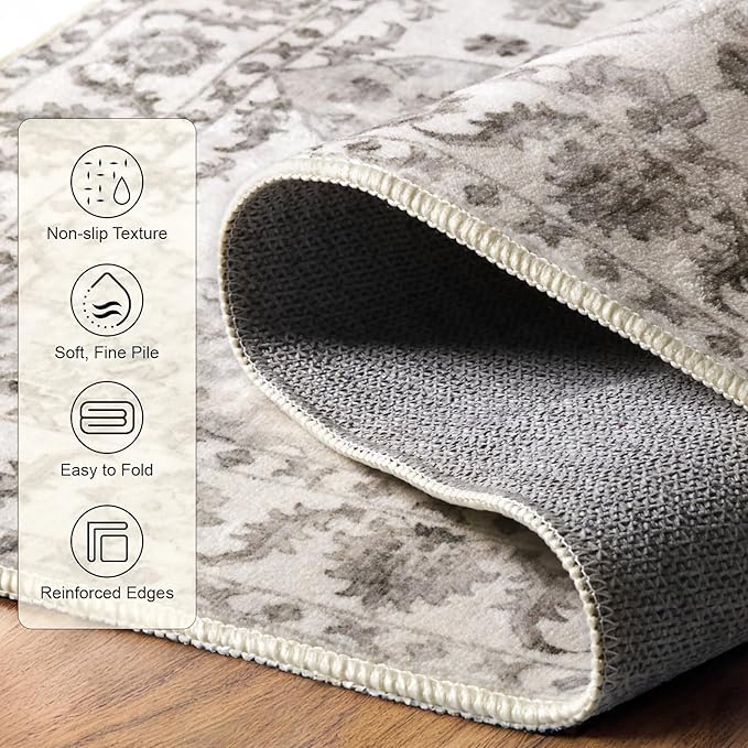 Area Rugs 5x7, Washable Rugs for Living Room, Non-Slip Rug, Boho Medallion Rug, Distressed Carpet, Low Pile Boho Rugs for Bedroom Dining Room