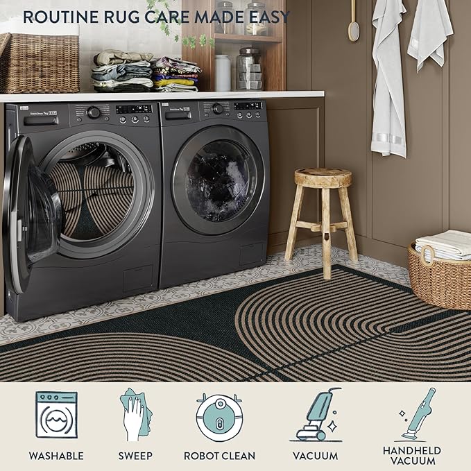 Lahome Modern Rainbow Easy Jute Rug, Washable Rugs 8x10 for Living Room Indoor Outdoor Patio Farmhouse Large Carpet, Contemporary Non Slip Black Carpet for Bedroom Backyard Office Decor