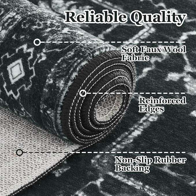 Black White Round Rugs 5ft, Non Slip Washable Thin Circle Rugs for Bedroom Living Room, Traditional Medallion Printed Circle Carpet 5 feet for Kitchen Dining Room