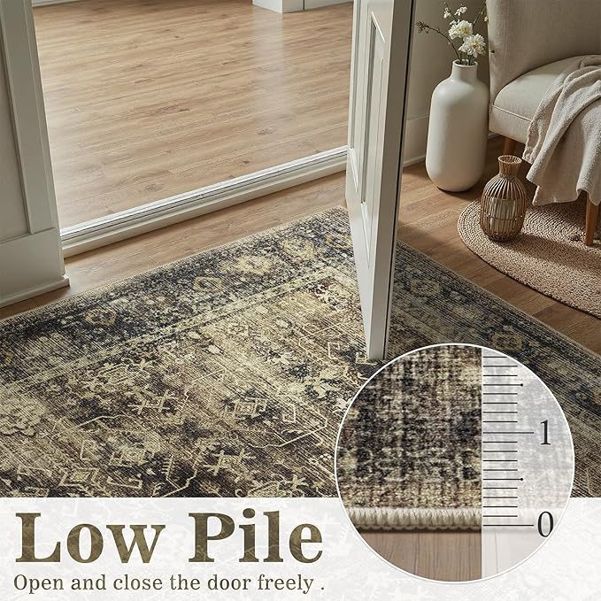 5x7 Washable Rug, Non Slip Rugs for Living Room, Bathroom, Dining Room, Modern Farmhouse Distressed Neutral Stain Resistant Rugs Low Pile Soft Brown Large Carpet Mat for High Traffic Areas