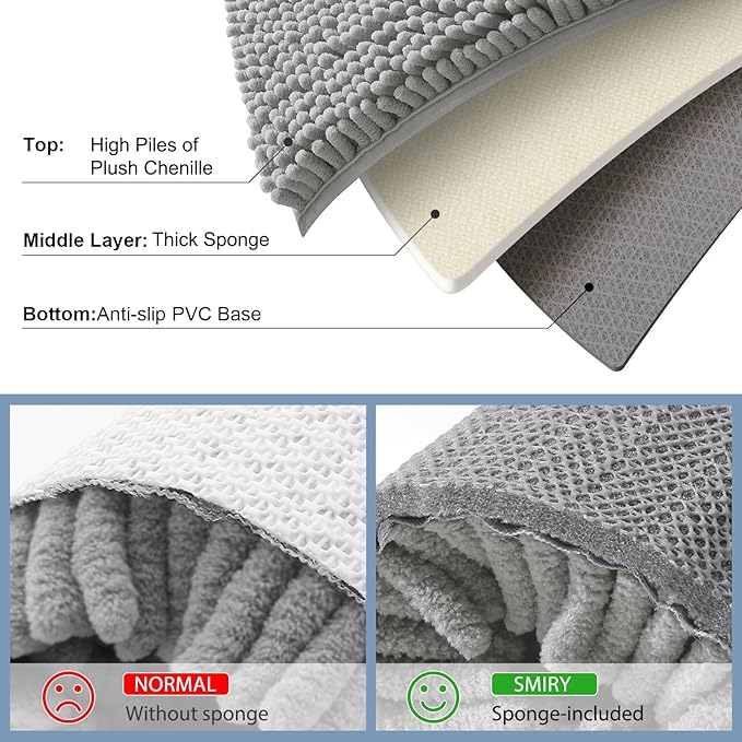 Smiry Luxury Chenille Bathroom Rugs 59x35, Extra Soft and Absorbent Shaggy Bath Mat, Machine Washable, Non-Slip Plush Carpet Runner for Tub, Shower, and Floor, Home Decor Accessories, Light Grey