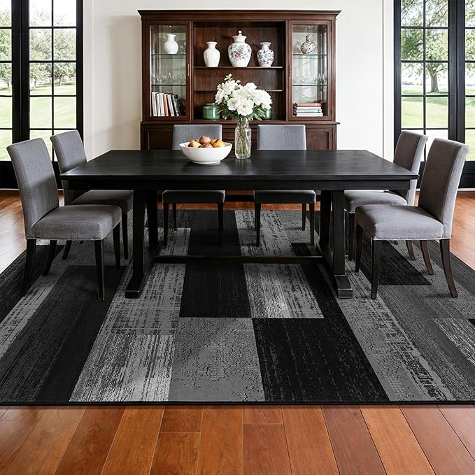 6x9 Washable Area Rugs for Living Room and Bedroom, Vintage Checkered Pattern Non-Slip Carpet, Stain Resistant Low Pile Soft Rug for Dining Room,Office,Nursery,Kids Room(6x9,Gray)