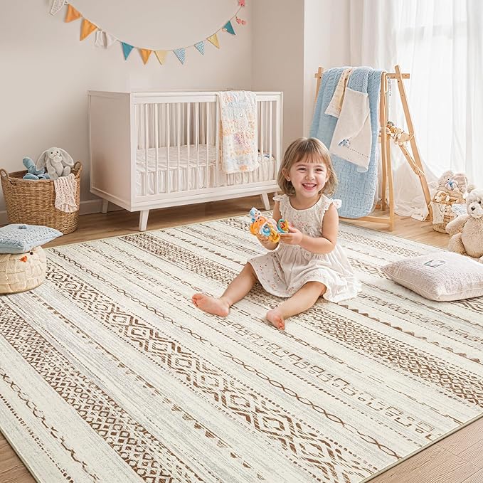 Area Rug Living Room Rugs - 9x12 Washable Boho Farmhouse Bohemian Neutral Large Moroccan Geometric Soft No Slip Indoor Thin Floor Carpet for Bedroom Under Dining Table Home Office - Square Brown