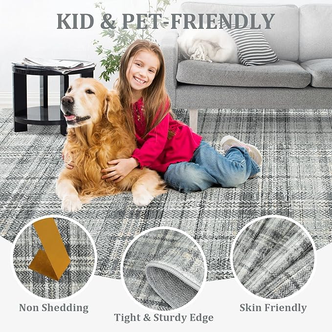 Washable Area Rug 3x5 Plaid Entryway Rug with Non Slip Rubber Backing, Farmhouse Tartan Soft Low Pile Rustic Stain Resitant Throw Rugs for Living Room Bedroom Dining Room