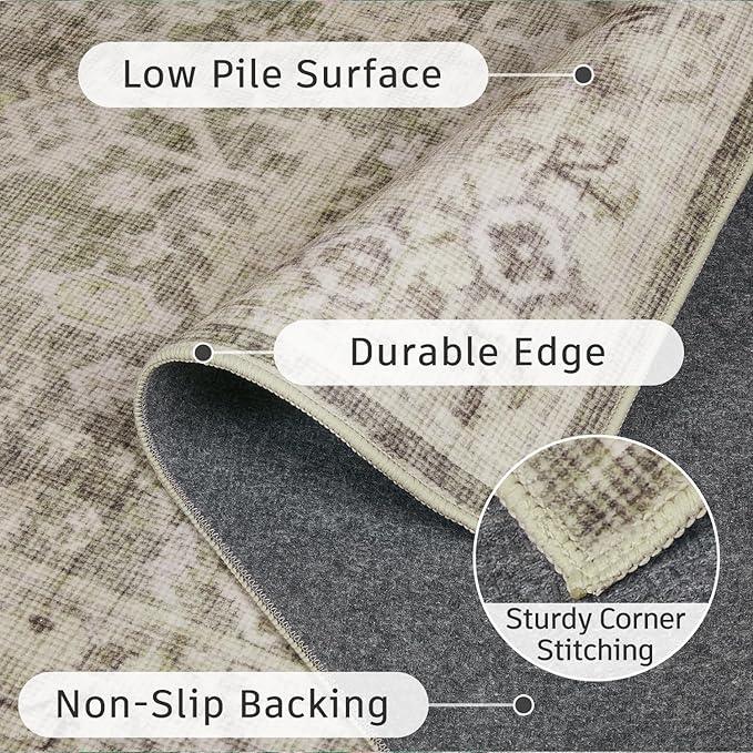 DCX Living Room Rugs 5x7, Non Slip Area Rugs for Bedroom, Dining Room, Home Office, Farmhouse Distressed Stain Resistant Rugs Low Pile Soft Large Vintage Carpet, Greige& Dark Green