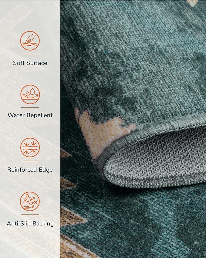Area Rug 5x7 Rug Machine Washable Non-Slip Low Pile Print Pattern Western Rug for Living Room Bedroom Entryway Tribal Series -Teal/Green