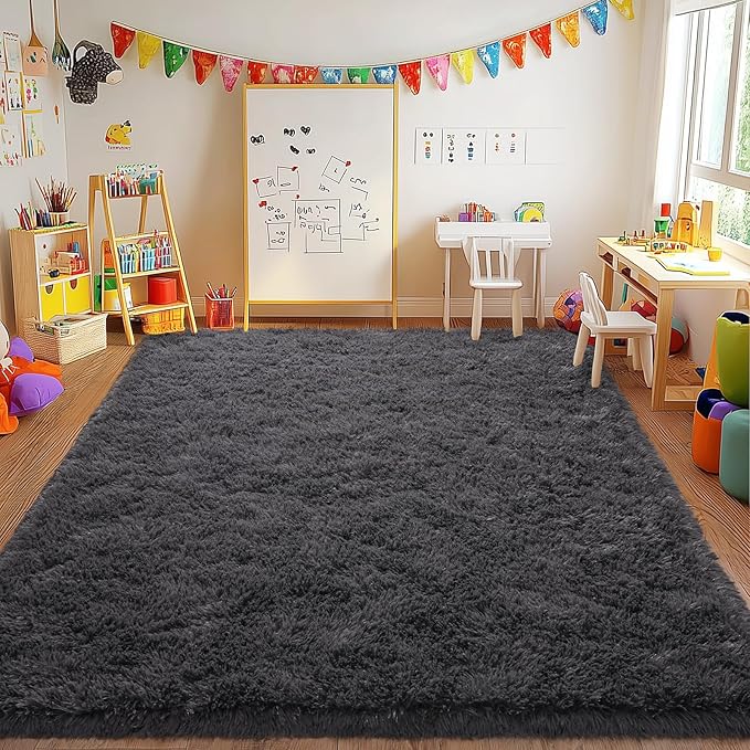 Shag Rugs 4x6 for Bedroom Living Room Dorm, Fluffy Shaggy Plush Area Rug Non-Slip Washable Floor Carpet for Bedside Playroom Nursery Girls Boys Room, Anthracite Gray