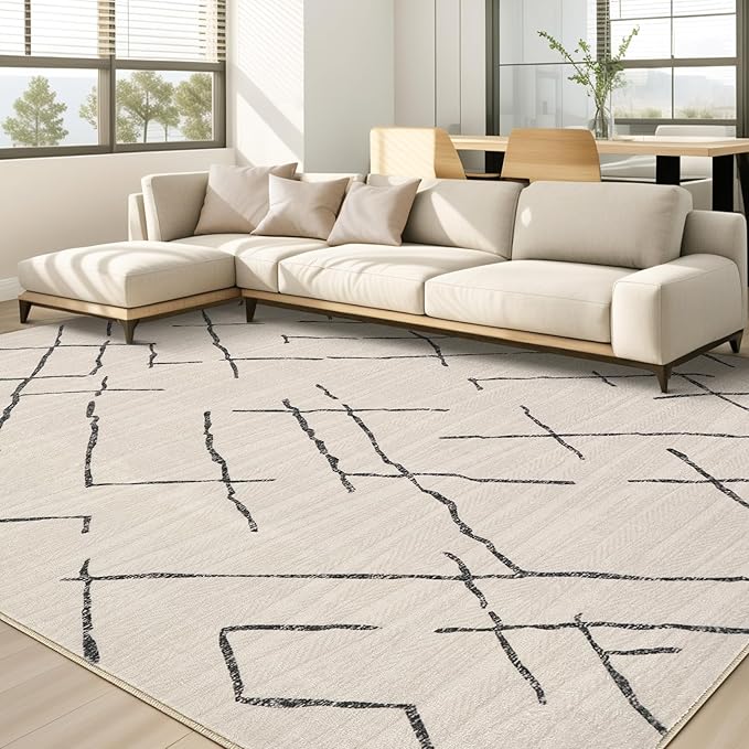 Area Rug Living Room Rugs - 8X10 Washable Boho Farmhouse Bohemian Neutral Large Moroccan Geometric Soft No Slip Indoor Thin Floor Carpet for Bedroom Under Dining Table Home Office - Beige