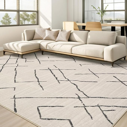 Area Rug Living Room Rugs - 9X12 Washable Boho Farmhouse Bohemian Neutral Large Moroccan Geometric Soft No Slip Indoor Thin Floor Carpet for Bedroom Under Dining Table Home Office - Beige