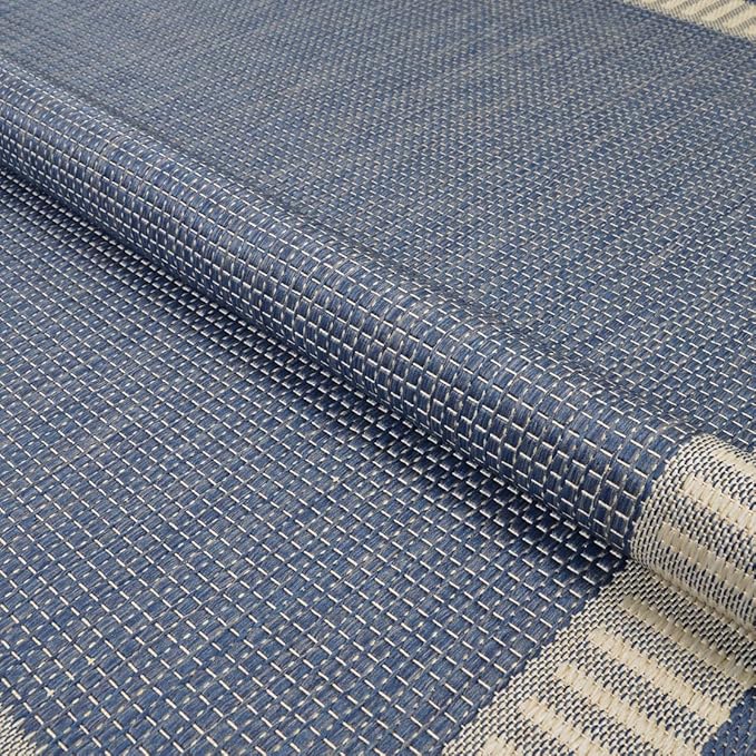 Couristan Recife Indoor Outdoor Rug - Wicker Stitch 8'6" x 13' Rectangle in Ivory and Blue, Hose Washable, Low Pile, Pet- Kid Friendly Home Decor for Living Room, Patio Furniture Set, Kitchen