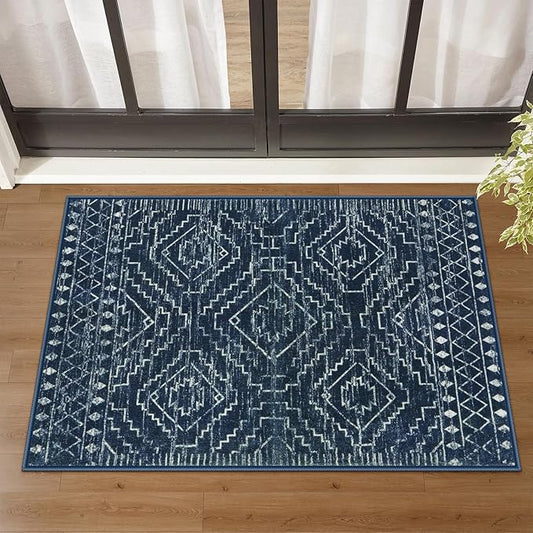 Wonnitar Moroccan Bathroom Rug,Washable 2x3 Small Bath Mat, Boho Tribal Soft Kitchen Sink Mat, Non-Slip Geometric Entry Way Rug, Low-Pile Indoor Carpet for Bedside Entrance Laundry (Blue,2'x3')