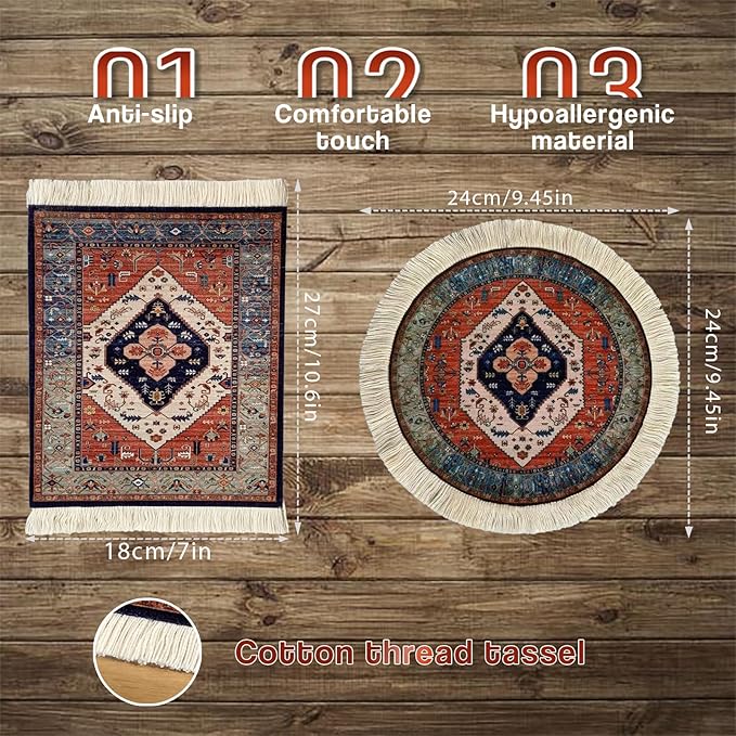 2Pcs Persian Style Carpet Mouse Pad Set – Vintage Bohemian Rug Desk Pads, Non-Slip Computer Mouse Mats with Fringed Edges, Rectangular & Round Designs, Elegant Decor for Home & Office Accessories