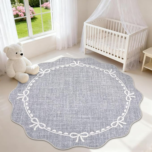 GarveeHome Scalloped Bow Rug for Living Room, 5ft Round Rugs Washable Solid Grey Rug for Dorm Soft Low Pile Non Slip Scalloped Rugs for Nursery Bedroom Decor Hallway Kids Room Playroom