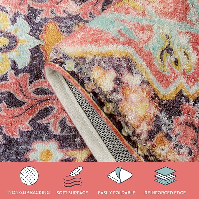 Lahome Bohemian Washable 2x5 Hot Pink Kitchen Runner Rug, Non Slip Bathroom Laundry Room Rug Runner, Floral Medallion Soft Carpet Runners for Entryway Hallway Foyer Decor