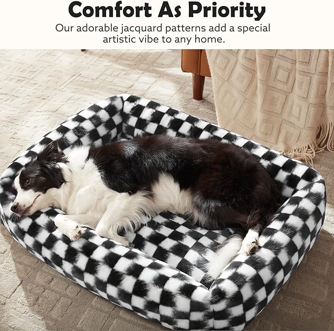 JOEJOY Large Dog Beds Large Sized Dog, Removable Washable Cover Orthopedic Soft Faux Rabbit Fur Pet Bed, Anti-Slip Fluffy Plush Faux Rabbit Fur Puppy Bed, 36"x27"x8", Checkered, Black
