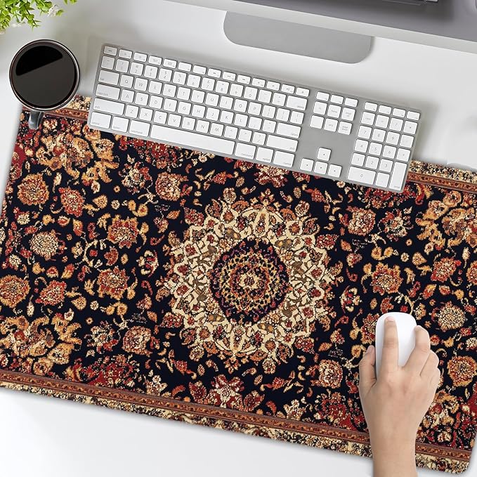 Vintage Rug Gaming Mouse Pad XL Dark Brown Retro Carpet Aesthetic Extended Large Mat Mousepad Desk Pad Non-Slip Rubber Base Stitched Edge Flower Keyboard Pad Playmat for Computer,20x14 Inch,60x35cm