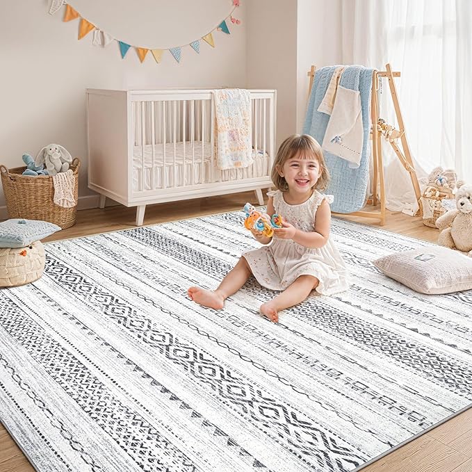 Area Rug Living Room Rugs - 10X14 Washable Boho Farmhouse Bohemian Neutral Large Moroccan Geometric Soft No Slip Indoor Thin Floor Carpet for Bedroom Under Dining Table Home Office -Square Grey