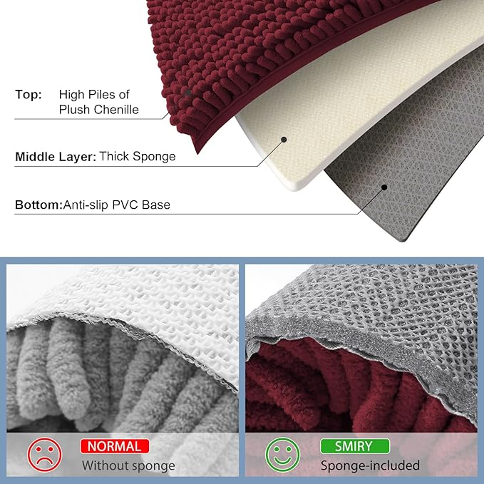 Smiry Luxury Chenille Bathroom Rugs 59x24, Extra Soft and Absorbent Shaggy Bath Mat, Machine Washable, Non-Slip Plush Carpet Runner for Tub, Shower, and Floor, Home Decor Accessories, Burgundy