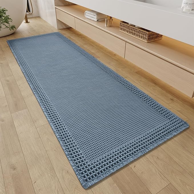 RESARE Waffle Bathroom Runner Rugs, Super Absorbent Bath Mat Non Slip Washable Quick Dry, Upgraded Ultra Soft Boho Bath Rugs with Tassels for Hallway Bedroom Laundry Room, 2'x6'(24"x72"), Blue