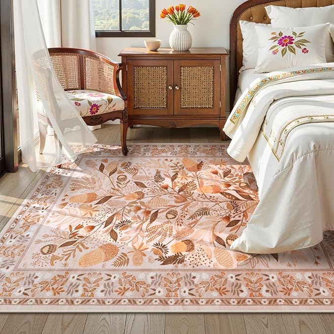 Anidaroel Machine Washable Rugs for Living Room 5x7, Brown Botanical Large Area Rug, Stain Resistant Dining Room Rugs for Under Table, Non Slip Soft Bedroom Rug Indoor Carpet for Dorm