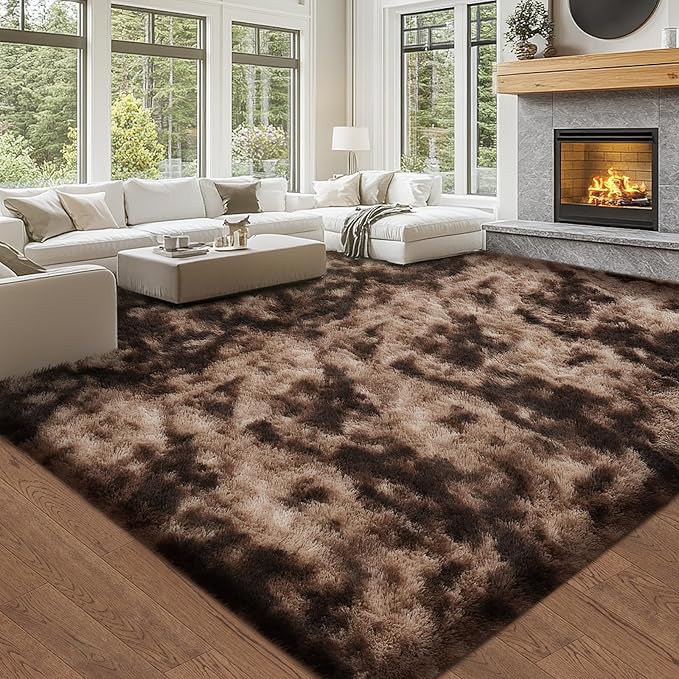 Shag Rugs for Living Room 9x12: 9x12 Shag Area Rugs for Living Room- Large Soft Tie-Dyed Brown Rugs for Bedroom- Fuzzy Plush Modern Carpets for Kids Room (Tie-Dyed Brown)