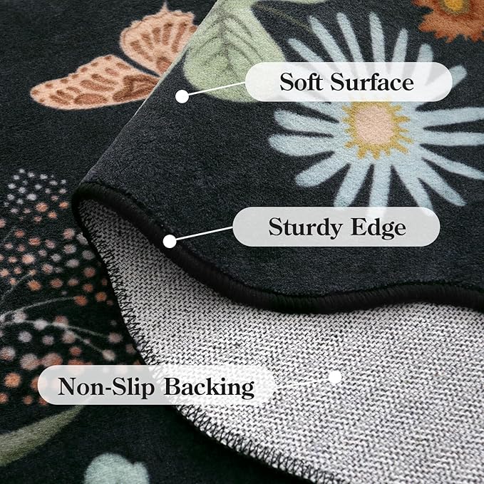 Lahome Floral Washable Round Area Rug, Soft Round Rugs 6ft Ultra-Thin Non-Slip, Boho Large Circle Carpet for Bedroom Living Room Kitchen Nursery, Black/Grey