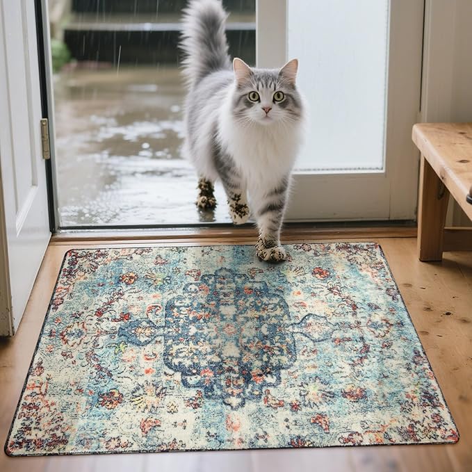 Lahome Bohemian Floral Medallion Area Rug - 2x3 Vintage Teal Distressed Small Entryway Rug Turkish Doormat Faux Wool Non-Slip Washable Low-Pile Carpet for Bathroom Kitchen Laundry Room Decor