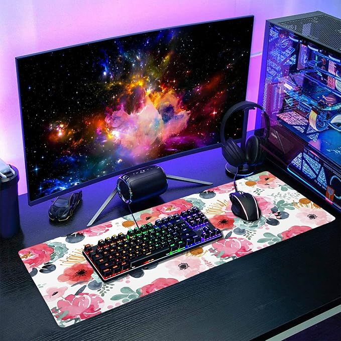 Pink Green Flowers Gaming Mouse Pad XL Cute Watercolor Floral Pretty Extended Desk Pad Trendy Pastel Big Large Mousepad Non-Slip Rubber Base Stitched Edge Long Table Mat for Desktop, 31.5 x 11.8 inch