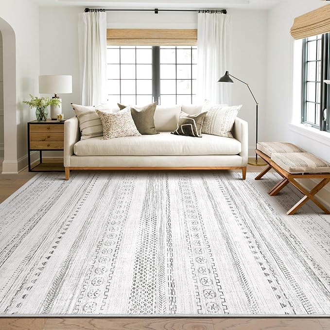 Area Rug Living Room Rugs - 10X14 Washable Boho Farmhouse Bohemian Neutral Large Moroccan Geometric Soft No Slip Indoor Thin Floor Carpet for Bedroom Under Dining Table Home Office -Grey