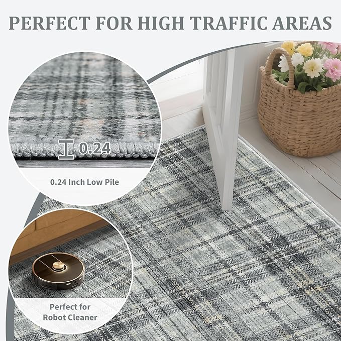 Washable Area Rug 3x5 Plaid Entryway Rug with Non Slip Rubber Backing, Farmhouse Tartan Soft Low Pile Rustic Stain Resitant Throw Rugs for Living Room Bedroom Dining Room