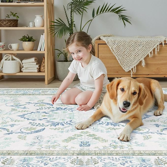 DCX Green 5x7 Area Rug, Machine Washable Non Slip Stain Resistant Soft Vintage Floral Rug, for Living Room, Bedroom, Playroom, Soft Low Pile Large Nursery Carpet