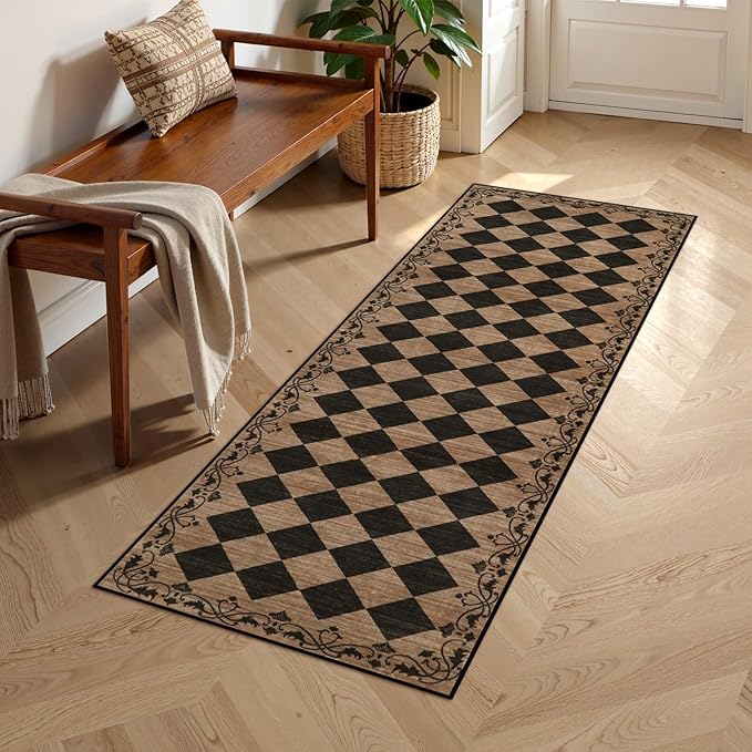 Beeiva Checkered Kitchen Runner Rug 2x6 Vintage Washable Runners for Hallways Non Slip Ultra Thin, Moroccan Framhouse Bathroom Runner Fall Brown Print Entryway Laundry Besides Home Decor (Brown/Black)
