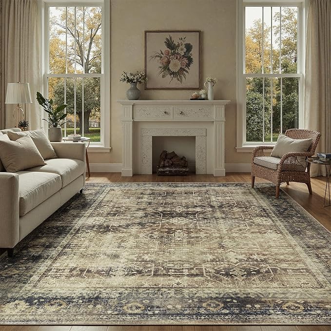 5x7 Washable Rug, Non Slip Rugs for Living Room, Bathroom, Dining Room, Modern Farmhouse Distressed Neutral Stain Resistant Rugs Low Pile Soft Brown Large Carpet Mat for High Traffic Areas