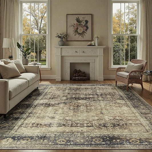 5x7 Washable Rug, Non Slip Rugs for Living Room, Bathroom, Dining Room, Modern Farmhouse Distressed Neutral Stain Resistant Rugs Low Pile Soft Brown Large Carpet Mat for High Traffic Areas