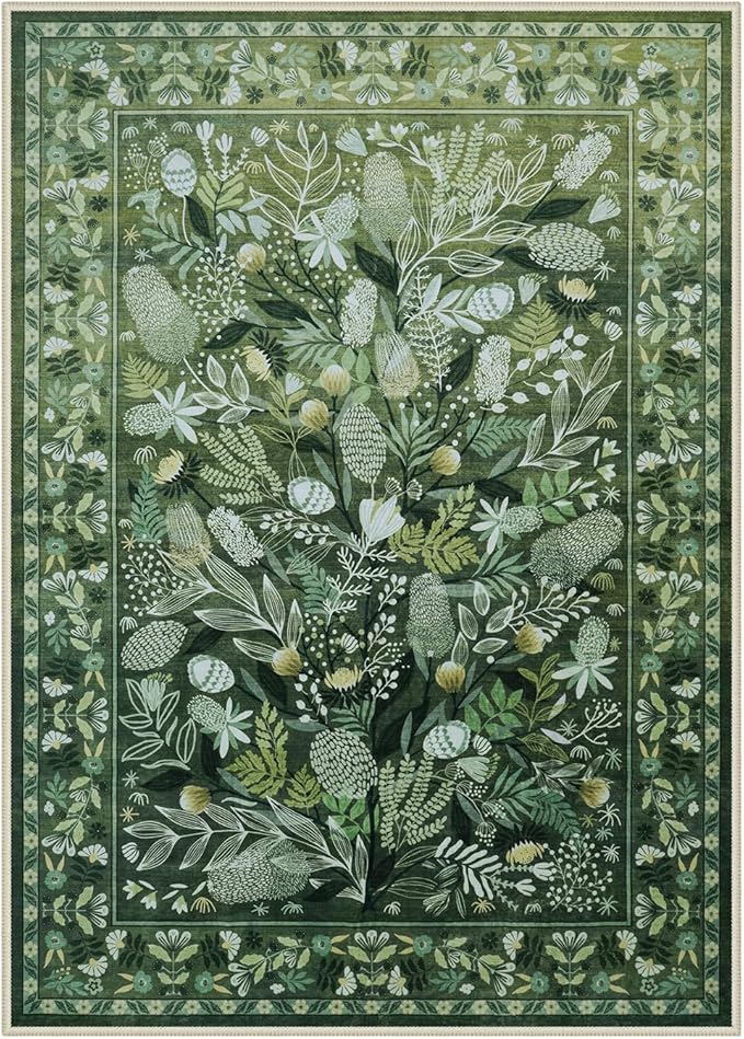 Anidaroel Green Botanical Floral Washable 5x7 Area Rugs, Abstract Large Rugs for Living Room Non-Slip Soft Modern Rugs for Bedroom, Stain Resistant Accent Floor Carpet for Dining Room Entryway