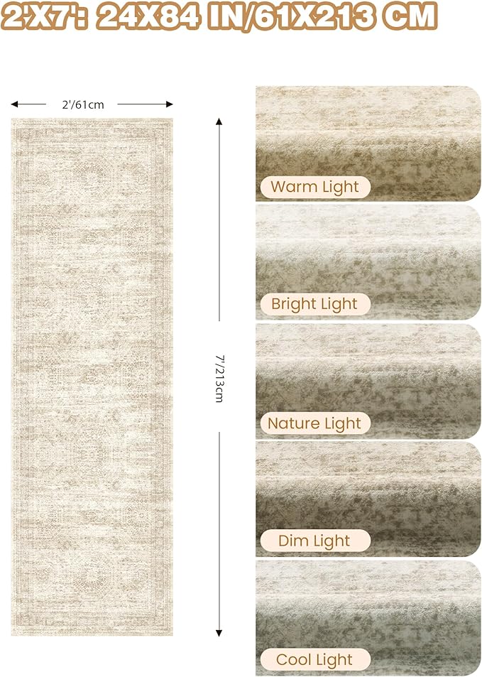 2x7 Runner Rug Non Slip, Thin Entryway Washable Rug for Entryway, Runners for Hallways, Low Pile Vintage Abstract Soft Rugs for Living Room, Kitchen, Bedroom(2'x7', Beige/Ivory')