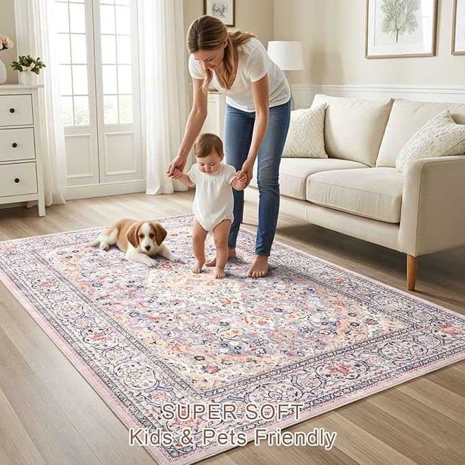 5x7 Washable Boho Area Rug for Bedroom, Vintage Floral Non Slip Living Room Rugs, Soft Low Pile Indoor Mat, Aesthetic Pattern Carpet for Kitchen and Dining Room, Beige/Multi